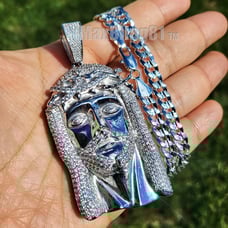HIP HOP ICED SILVER TONE BRASS JESUS PENDANT & 925 STAMPED CUBAN CHAIN NECKLACE