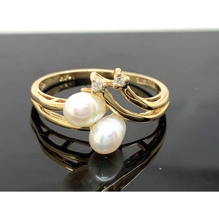 Pearl Diamond Cocktail Ring Exquisite 14k Yellow Gold Estate Women's Size 6.5