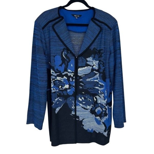 Misook Relaxed Fit Abstract Jacquard Knit Cardigan Sz XL Blue Open Long Sleeve