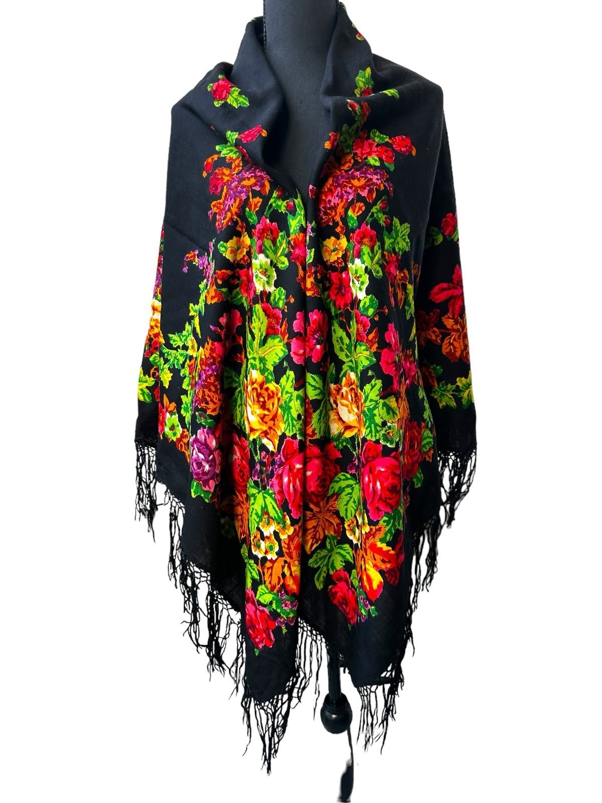 Vintage Floral Wool Shawl with Fringe - Black Multicolor