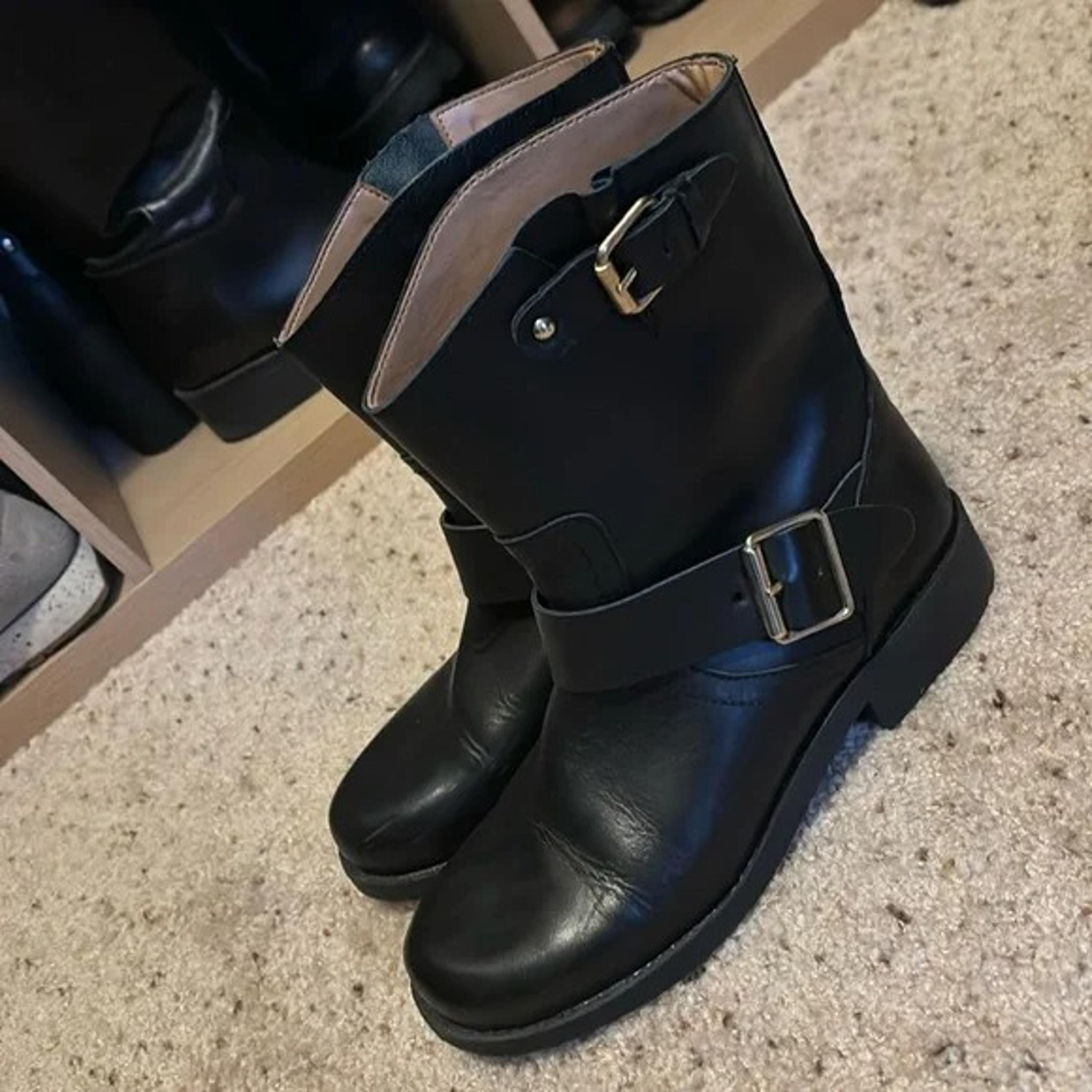 7 MNG Mango black leather ankle boots with gold hardware buckle moto biker comba