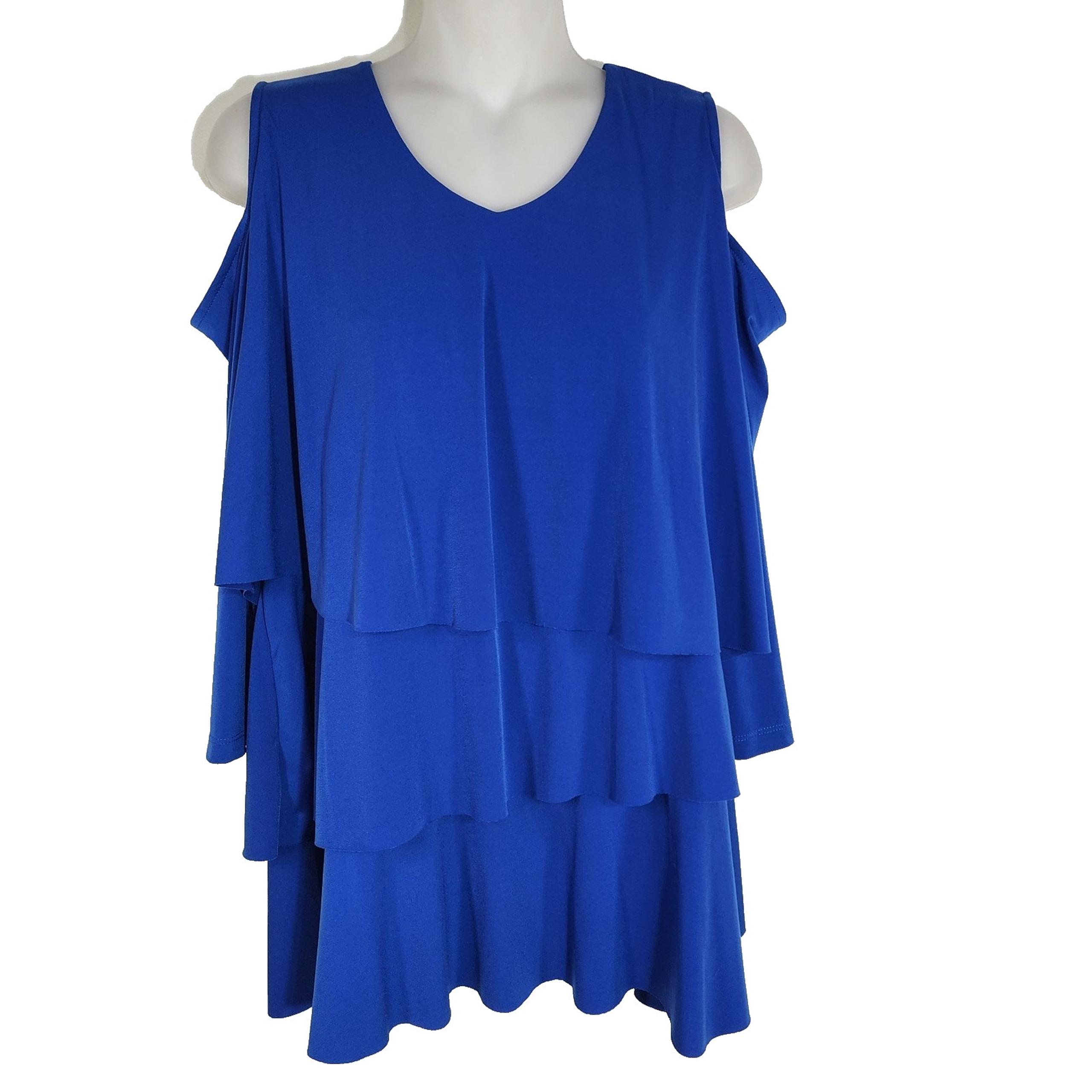 Susan Graver Womens Liquid Knit Tiered Top Large Royal Blue Cold Shoulder Casual
