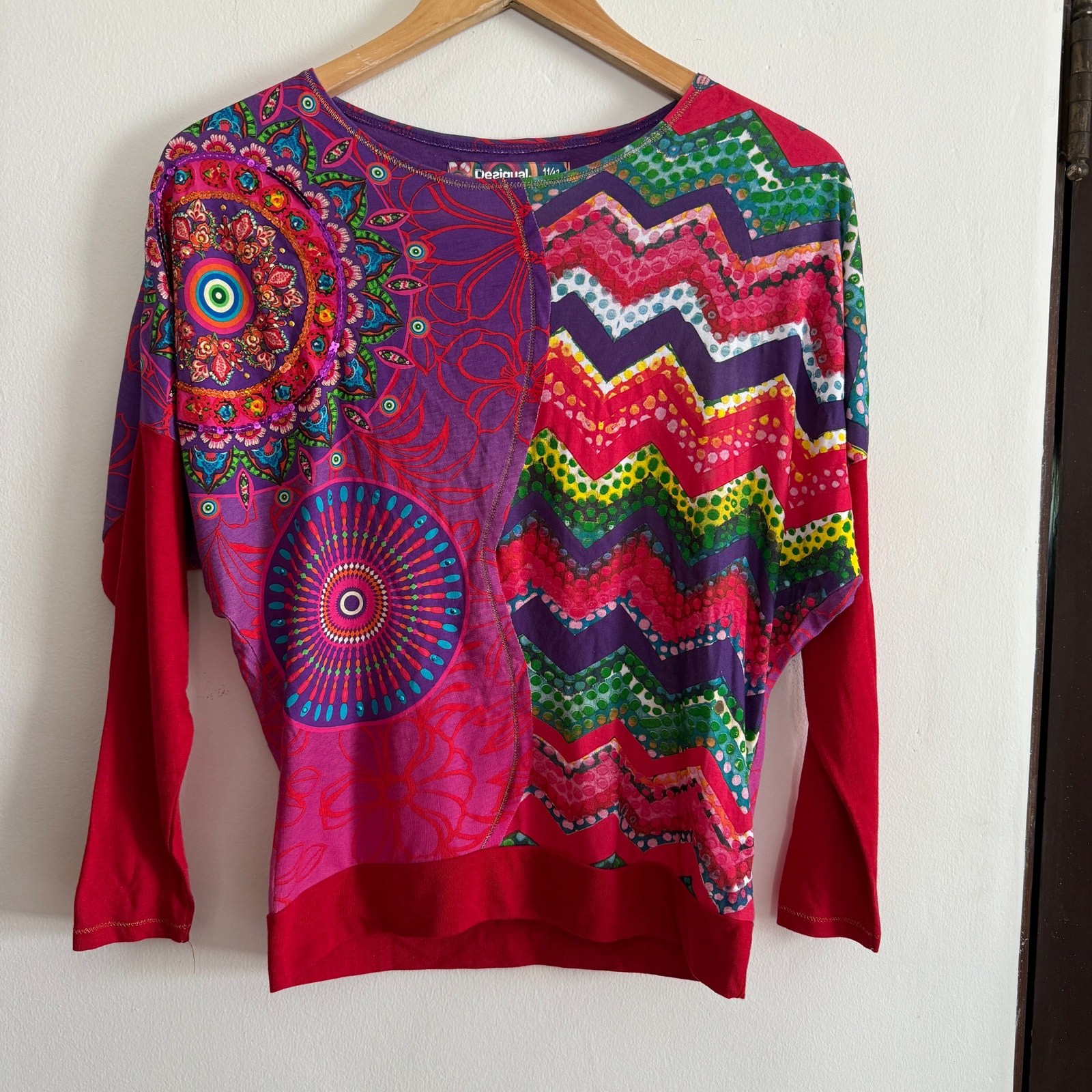 DESIGUAL | PInk and Purple Mixed Media Mandala Long Sleeve Tee | Medium