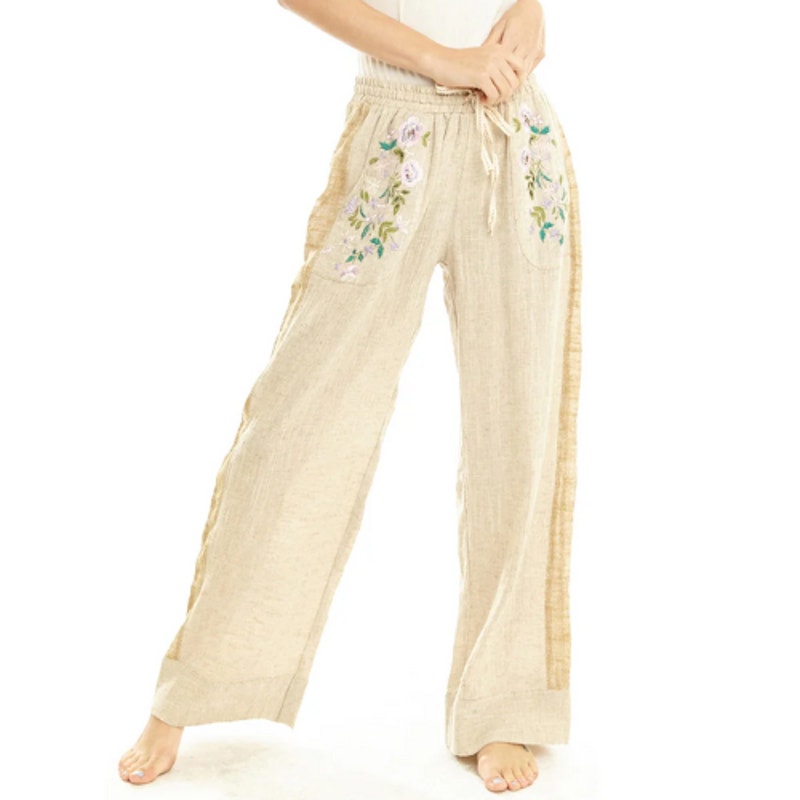 Aratta Womens Boho Beachy Seven Hills Embroidered Floral 100% Linen Pants Size L
