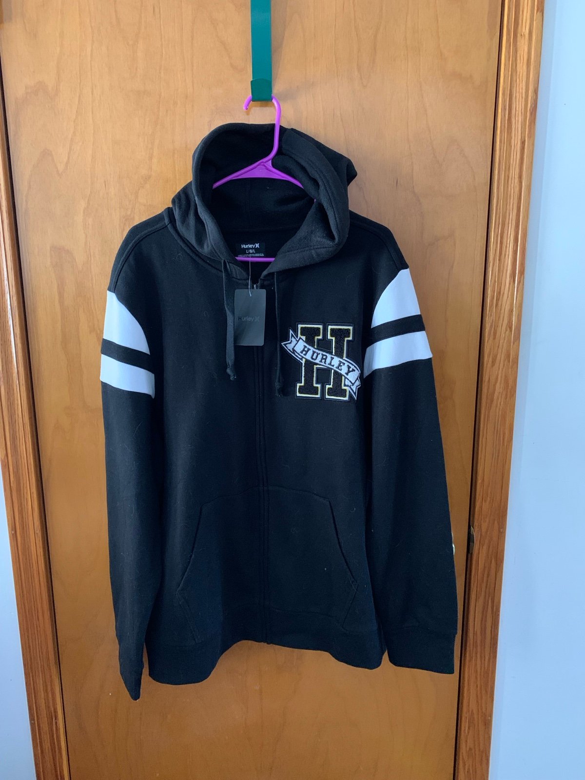 New Hurley Large Zip Up Black Hoodie Chenille Patch