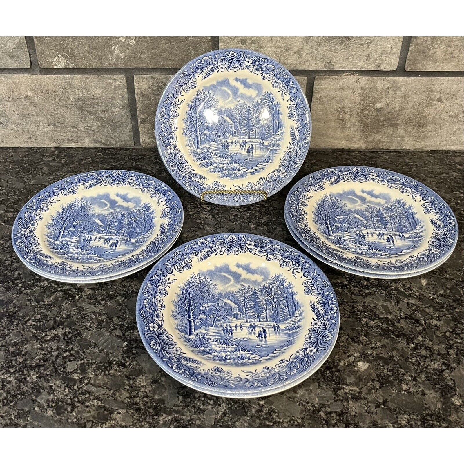 7 Churchill Currier & Ives Blue 8” Salad Dessert Plates England Winter Scene