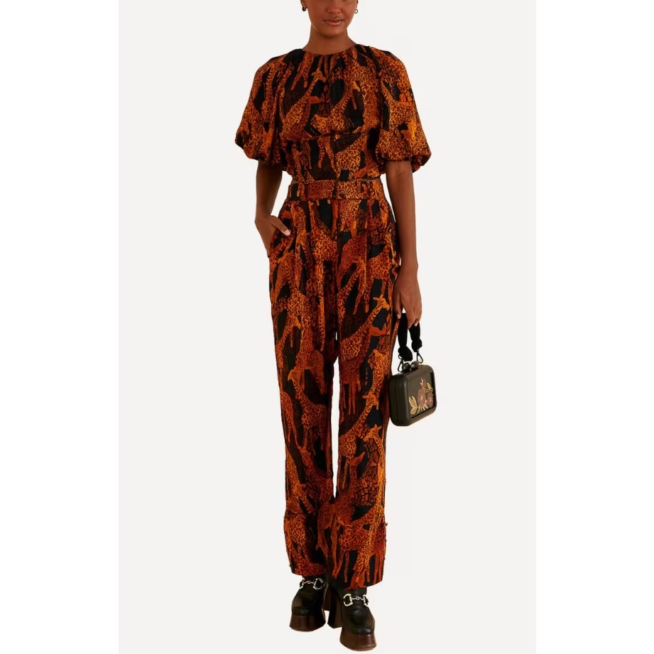 Farm Rio NWOT Black Giraffes Puff-Sleeve Blouse & Trouser Set Size Small