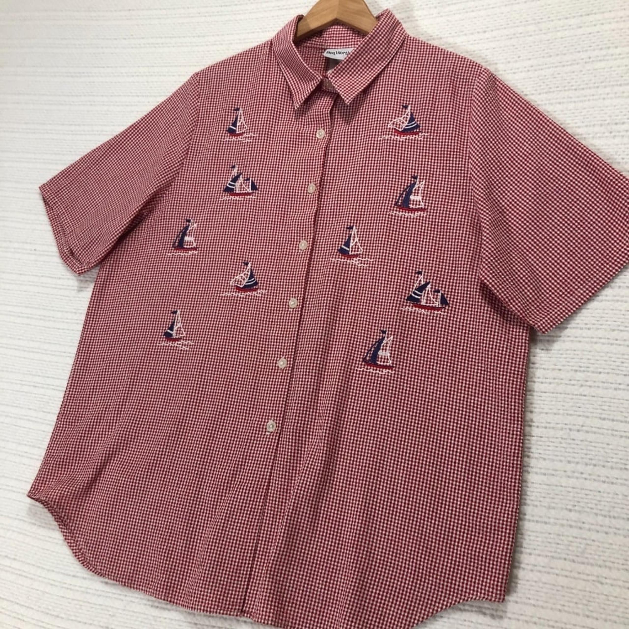 BonWorth Gingham Sailboat Embroidered Button Down Short Sleeve Shirt Size Large
