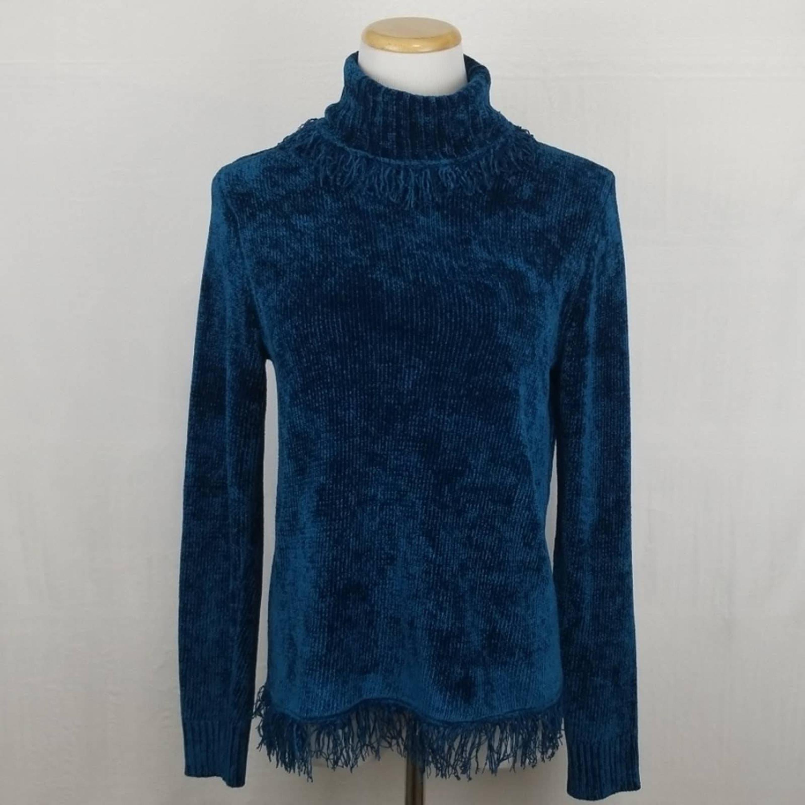 Rafaella Blue Fringe Turtleneck Sweater