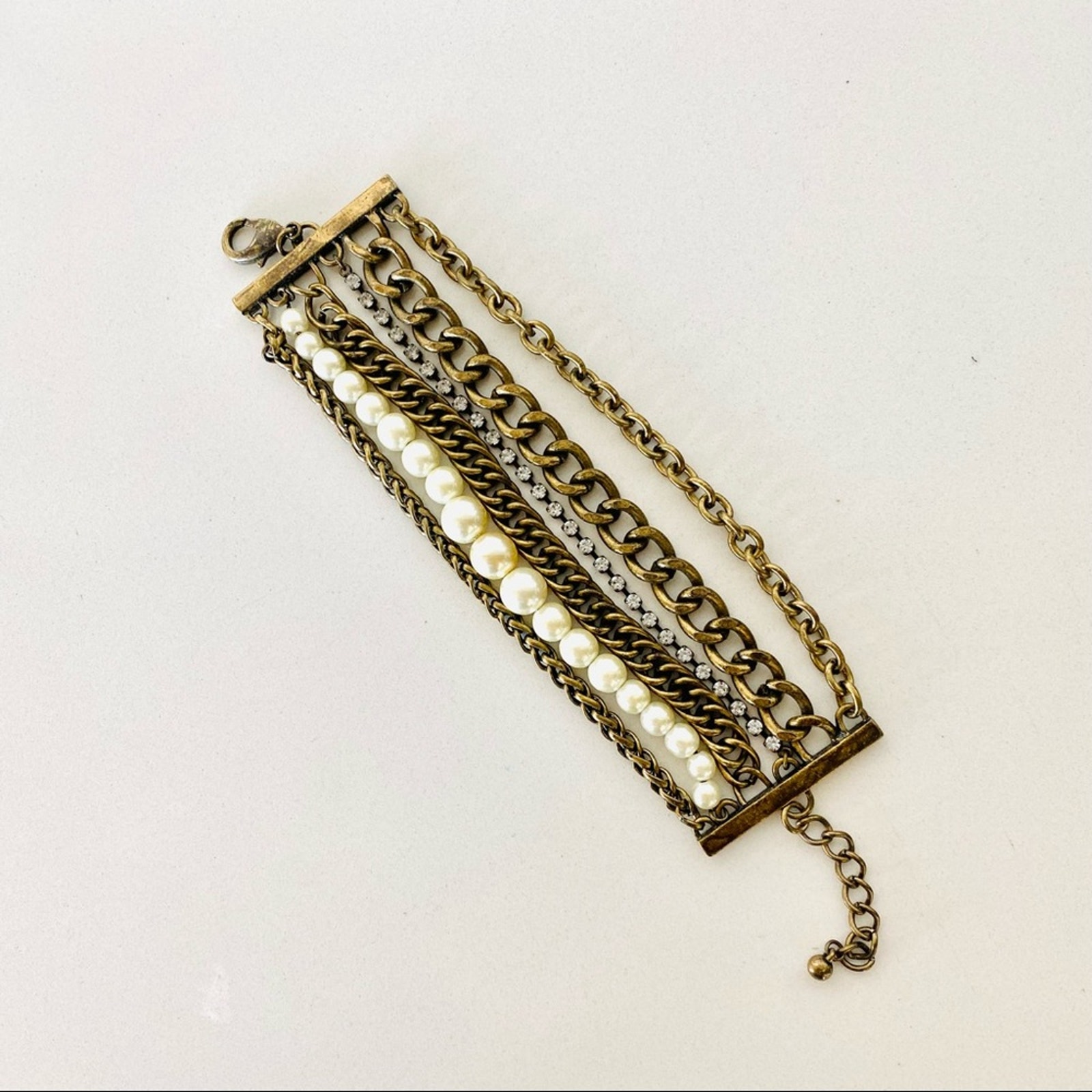 NORDSTROM REVOLVE Cream Gold Brass Chain White CZ Pearl Bracelet Cuff Jewelry