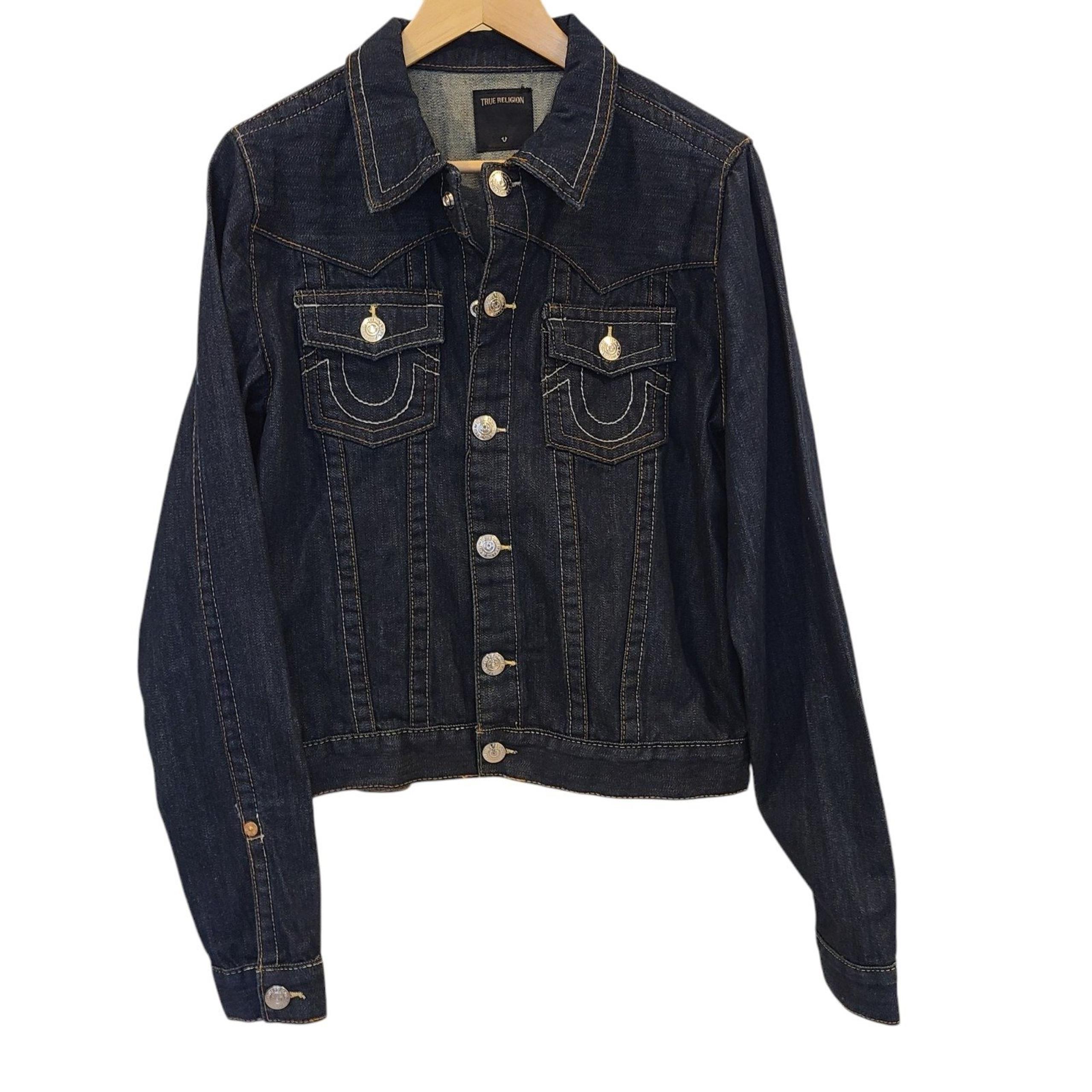 True Religion Jacket Womens XL Dark Wash Jimmy Denim Trucker Flap Pockets