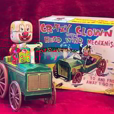 Crazy Clown Drive a Car Tin Toy Wind Mechanism Yoneya Yone Made in JAPAN