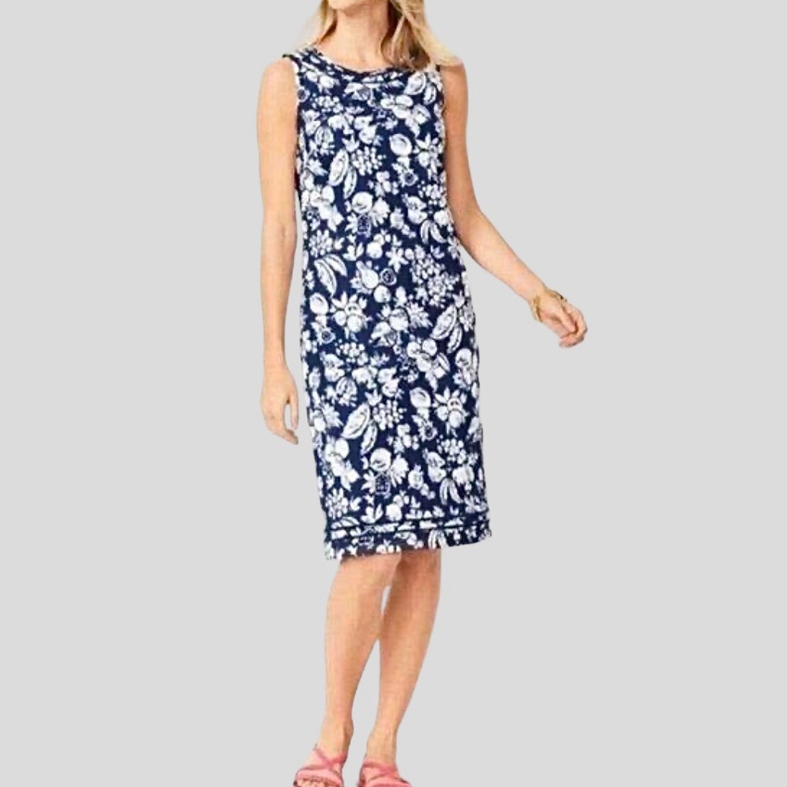 Talbots Shift Dress SZ 10 Textured Whimsical Mixed Fruit Print Midi Knee Preppy