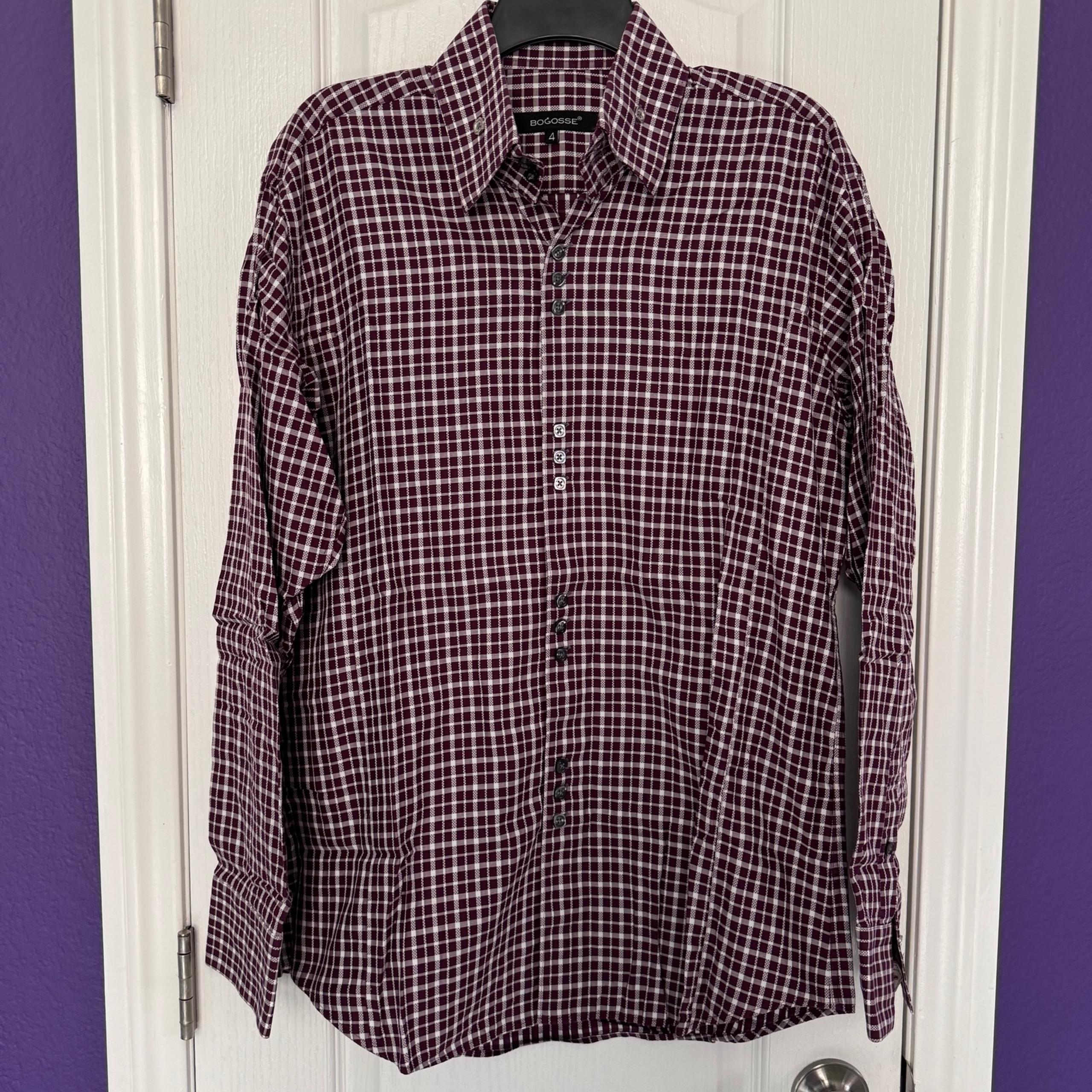 BOGOSSE Plaid Check Burgundy White Long Sleeve Shirt Men’s Size 4 / Large L
