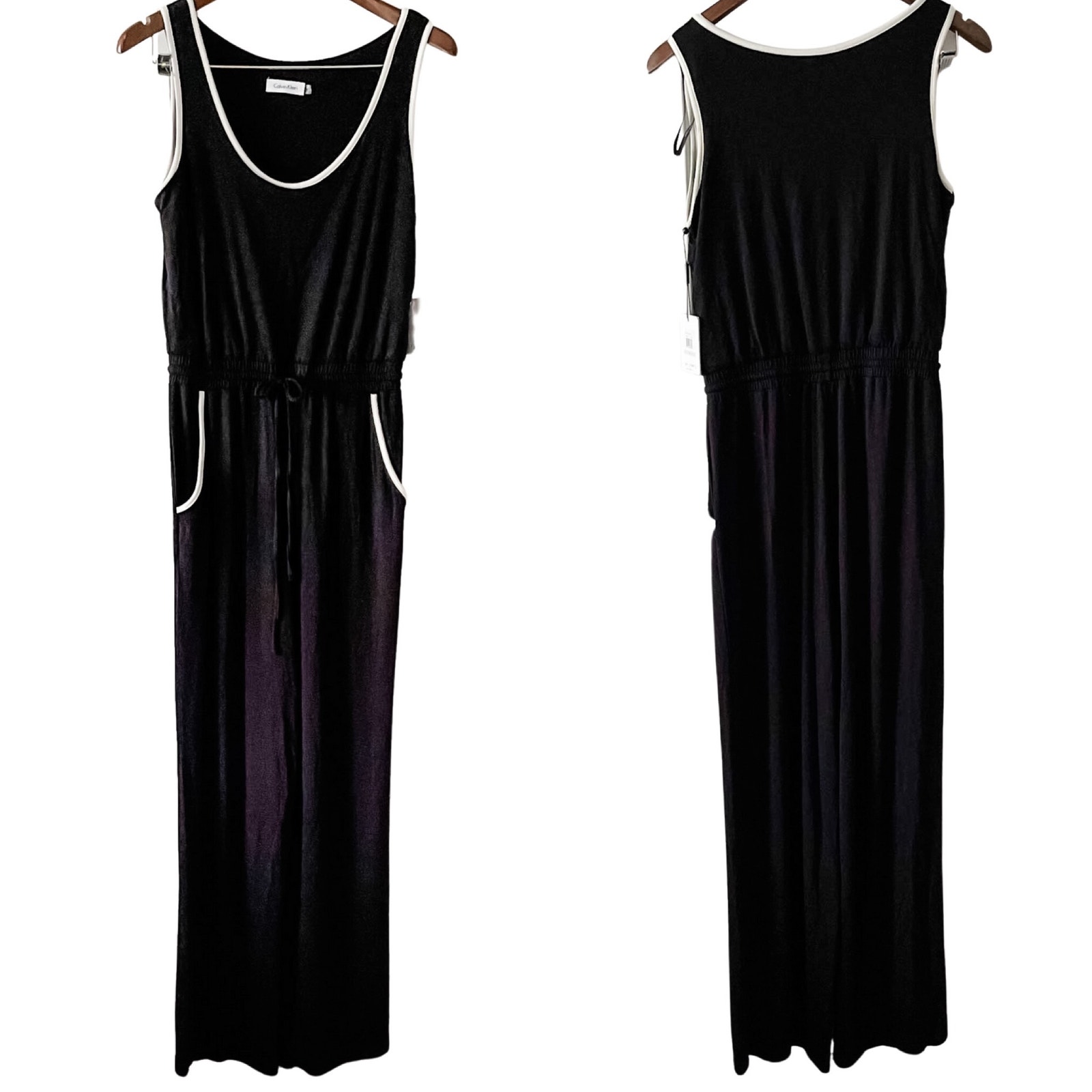 Calvin Klein drawstring waist tank jumpsuit w/ pockets black white size 6 NWT