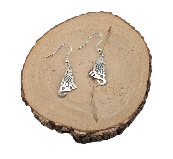 Navajo Wolf Overlay Dangle Earrings Southwest Women's Sterling Silver Jewelry **