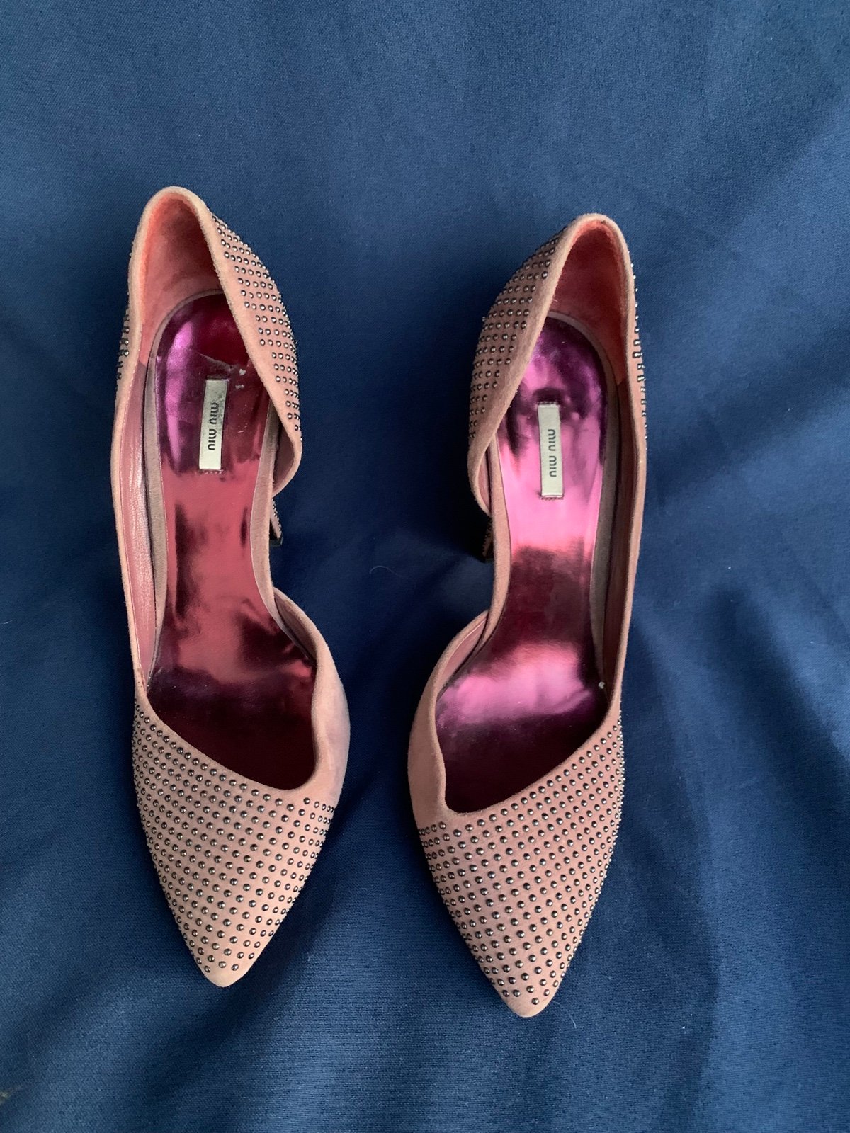 Miu Miu Purple Suede Heels Point Toe Studded Gunmetal 37.5