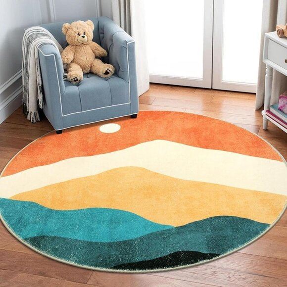 NEW 5 ft Abstract Round Rugs for Bedroom, Washable Non-Slip Circle Rug