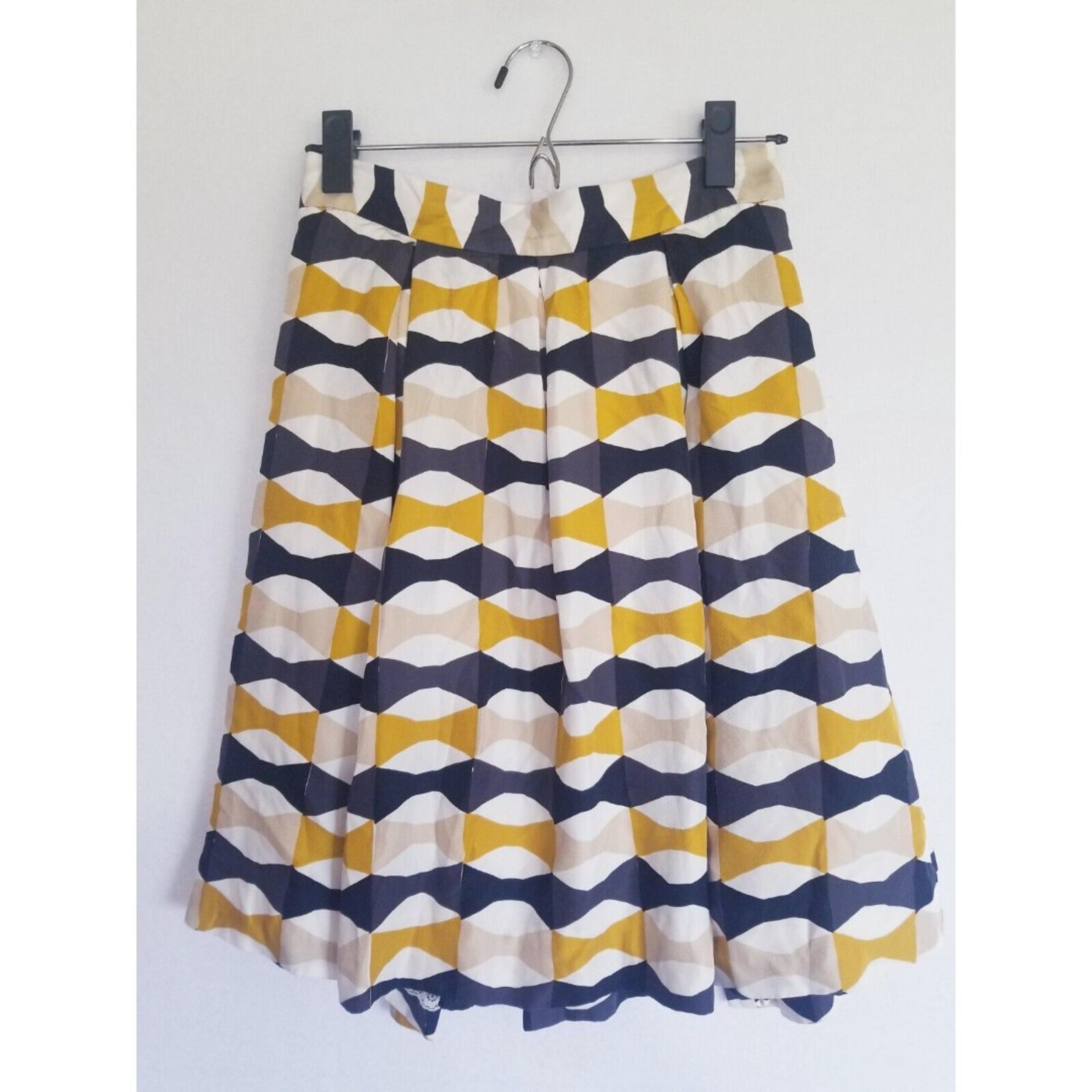 Kate Spade Silk Skirt Womens 2 Mustard Yellow Navy Beige Retro Style Midi Skirt