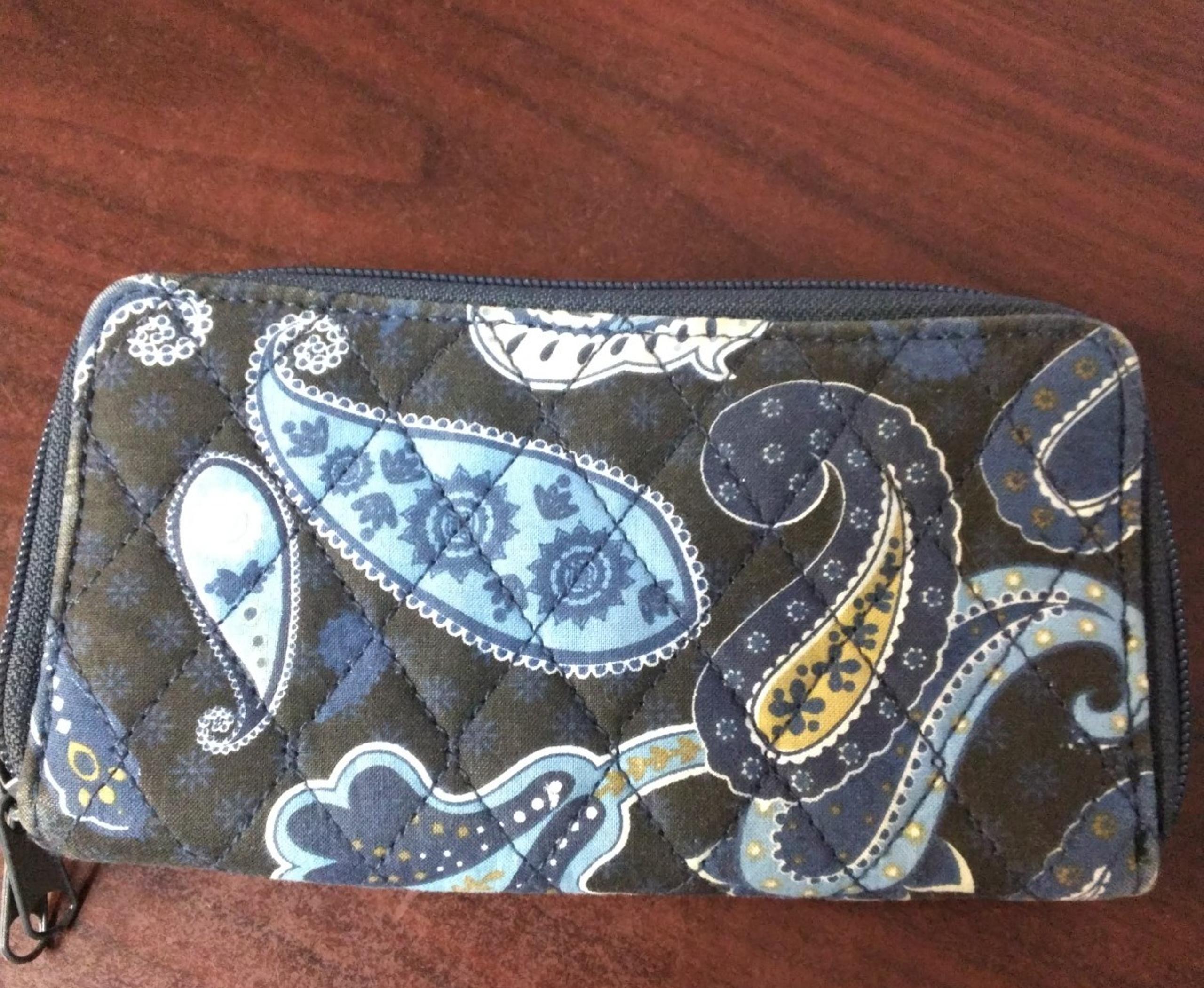Ashley Cooper Blue/Black/Brown Quilted Paisley Wallet Double Zipper Closure