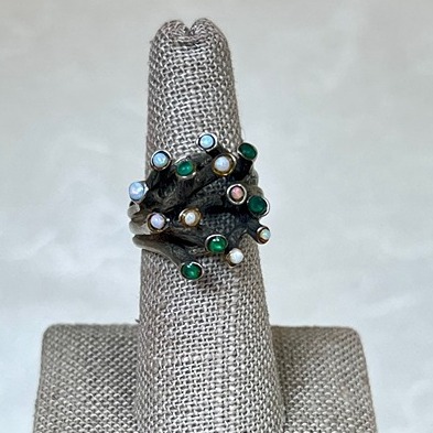 Sterling Silver Modernist Emerald and Opal Ring SR-4332