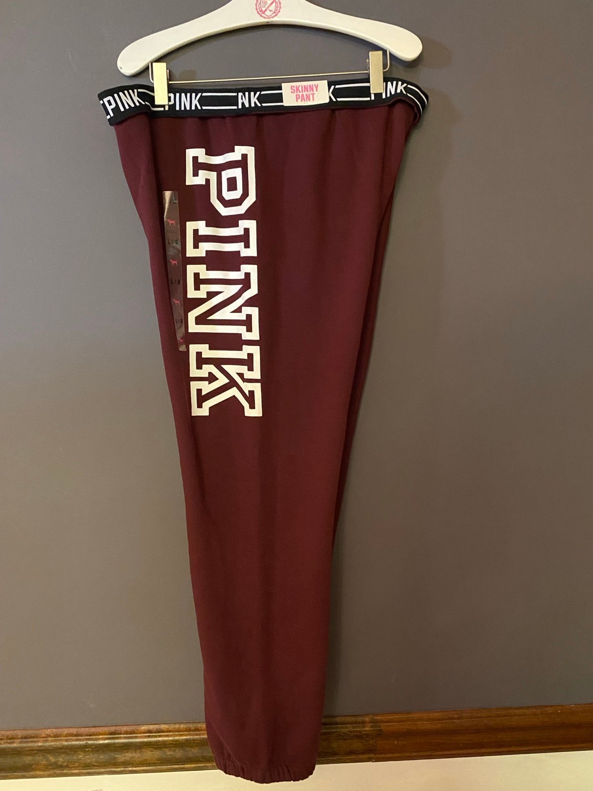 VS PINK VINTAGE FOLD OVER SKINNY PANT JOGGERS SWEATPANTS MAROON LOGO HTF NTW LG