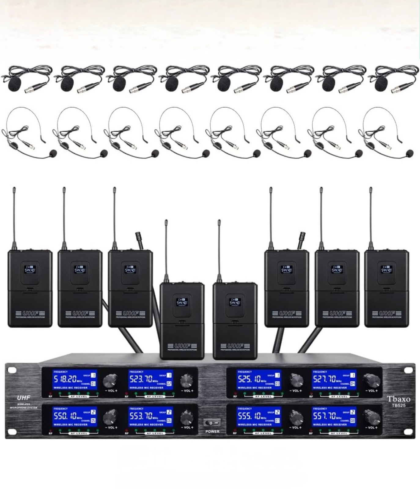 Wireless Microphone System UHF 8 Channel 8 Lavalier 8 Bodypacks 8 Lapel Mic