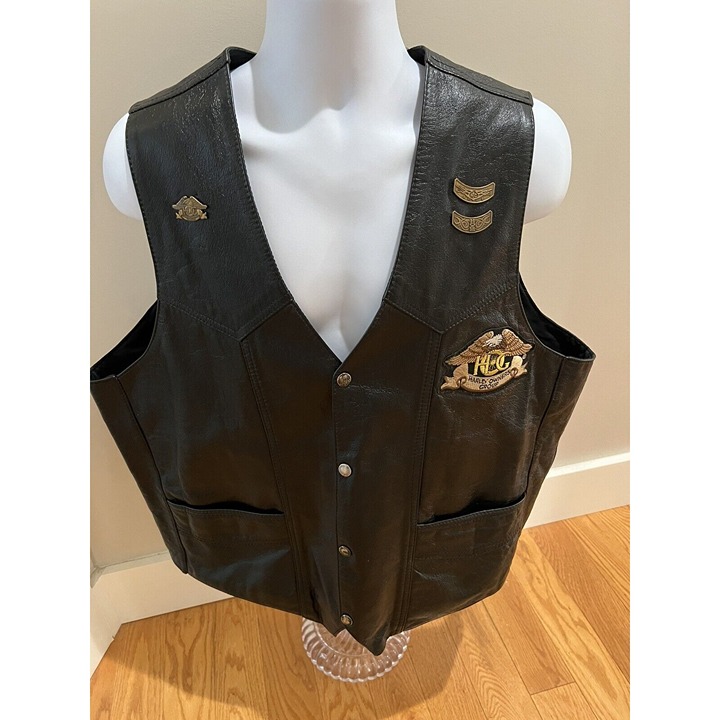 HUDSON LEATHER SZ 52 VEST WITH HARLEY DAVIDSON OWNERS GROUP PINS AND PATCHES VTG