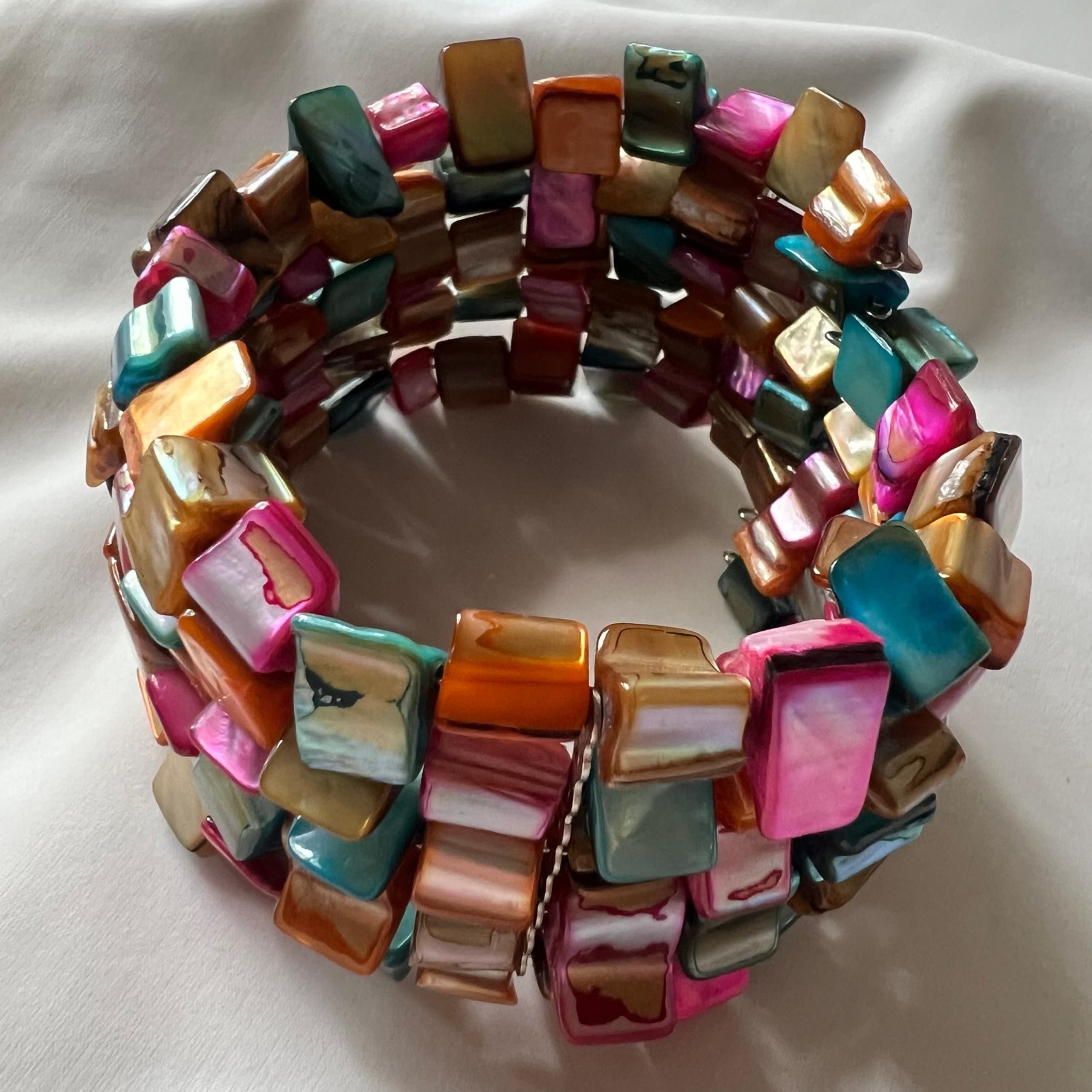 Colorful Rainbow Boho Beachy Chic Shell Stretchy Cuff Costume Estate Bracelet