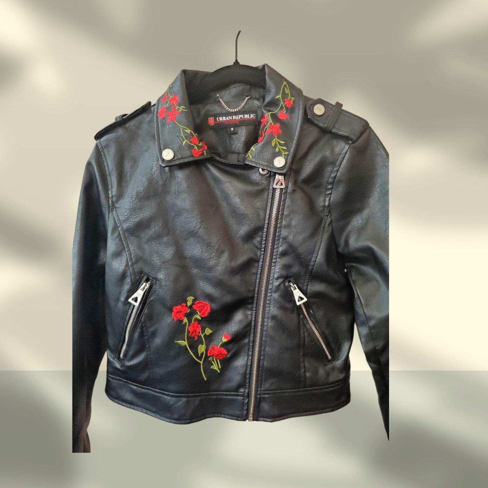 Leather Moto Jacket Womens M Urban Republic Embroidered Black Faux Leather