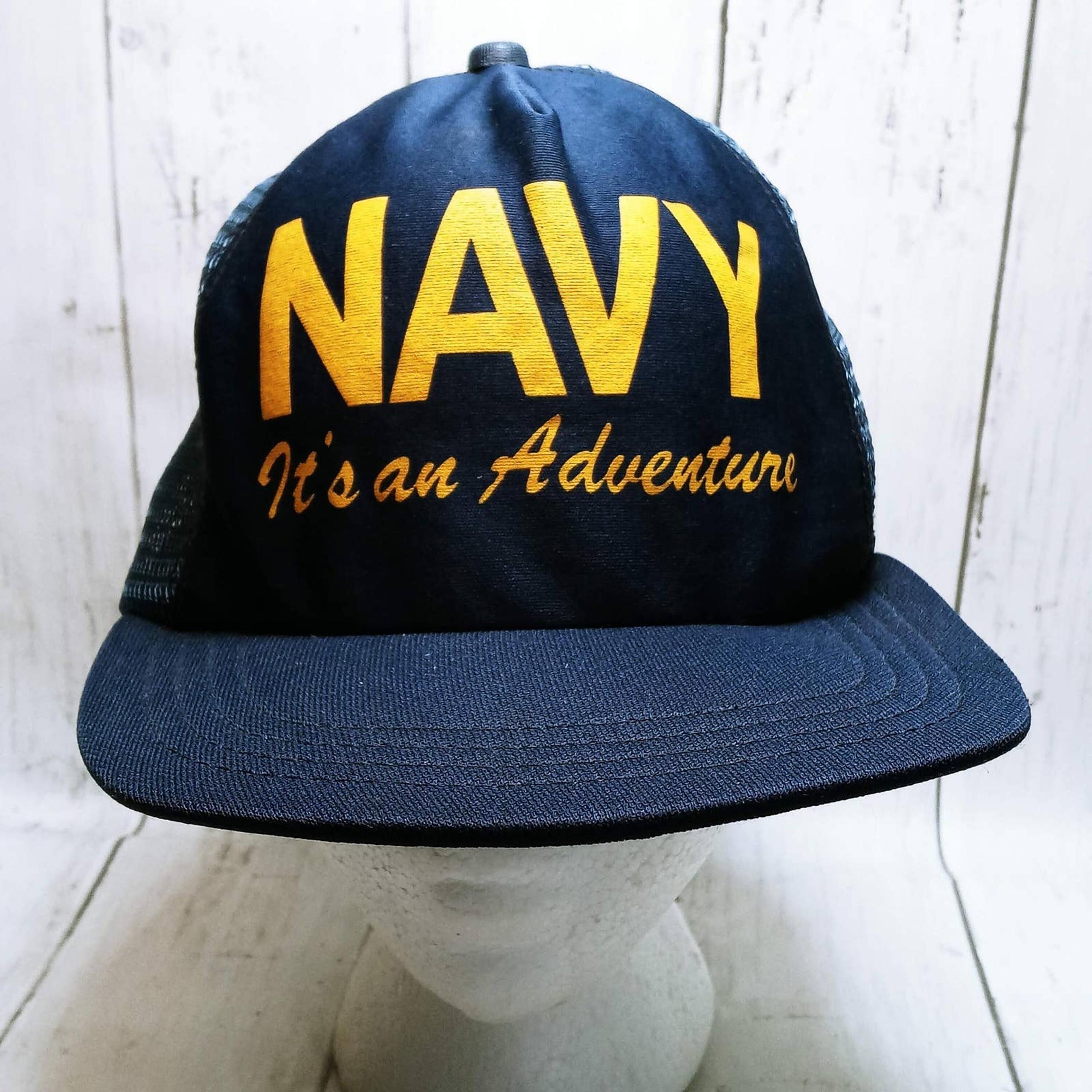 Vintage NAVY Its An Adventure Snapback Trucker Hat Blue and Gold (hb)