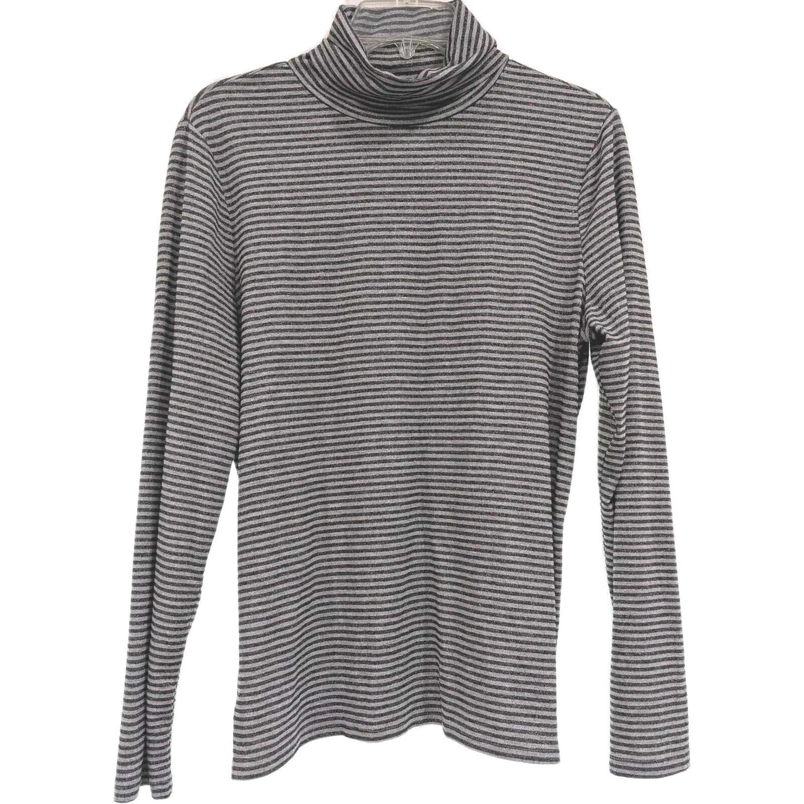 Talbots Metallic Turtleneck Blouse Large Gray Black Stripe Lightweight Career