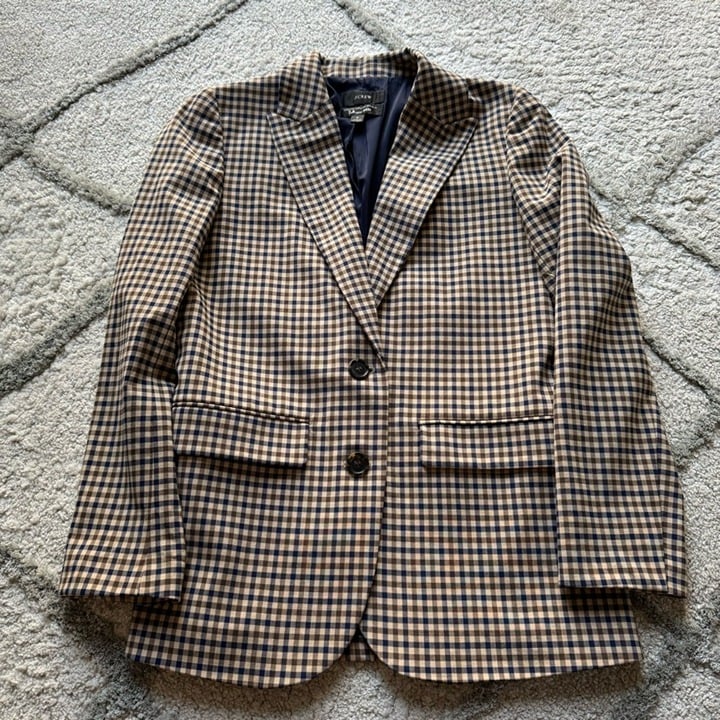 J CREW Alfie Blazer Brown navy Plaid Italian Wool Jacket Tollegno 1900 size 2