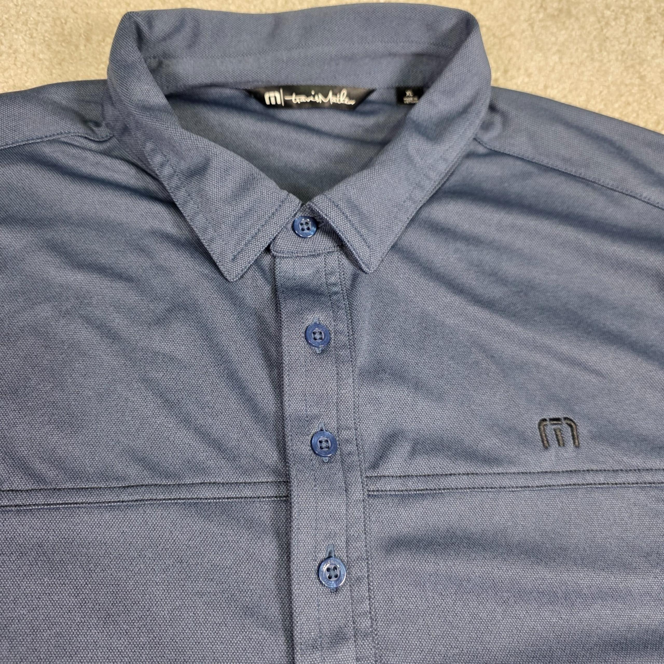 Travis Mathew Polo Shirt Mens XL Steel Blue Golf Stretch Performance Logo Collar