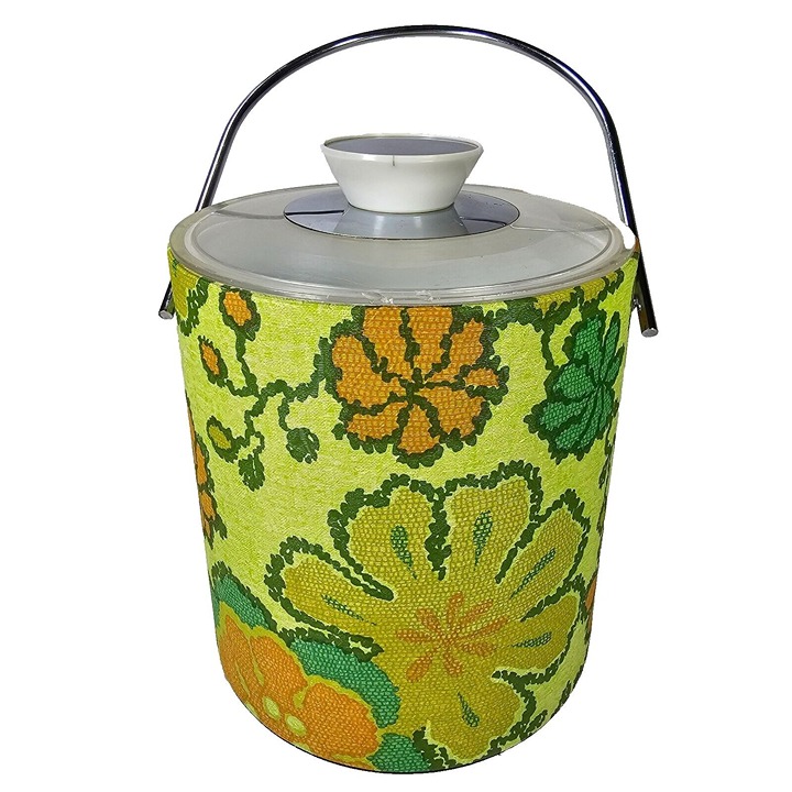 Vintage Insulated Ice Bucket w/ Lid 70's Flower Wallpaper Yellow Orange Textured