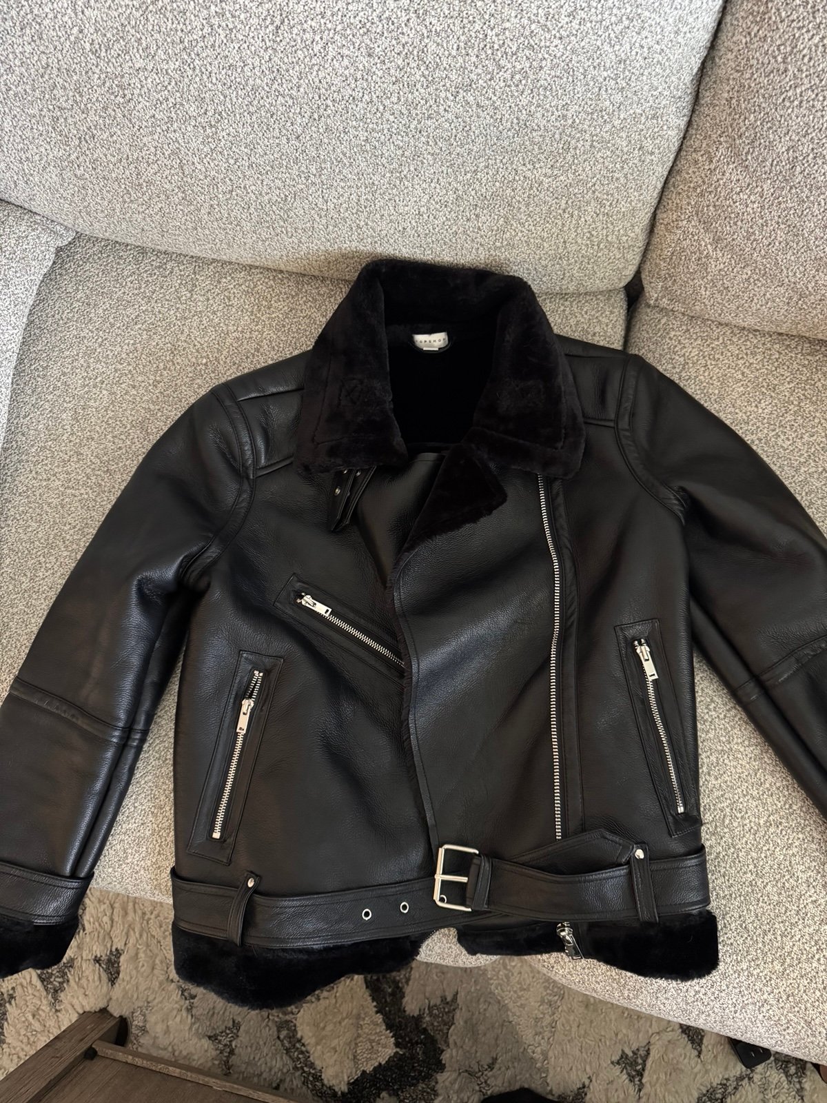 TopShop Size 6 US Faux Leather Fur Lined Moto Jacket Black Full Zip Womens