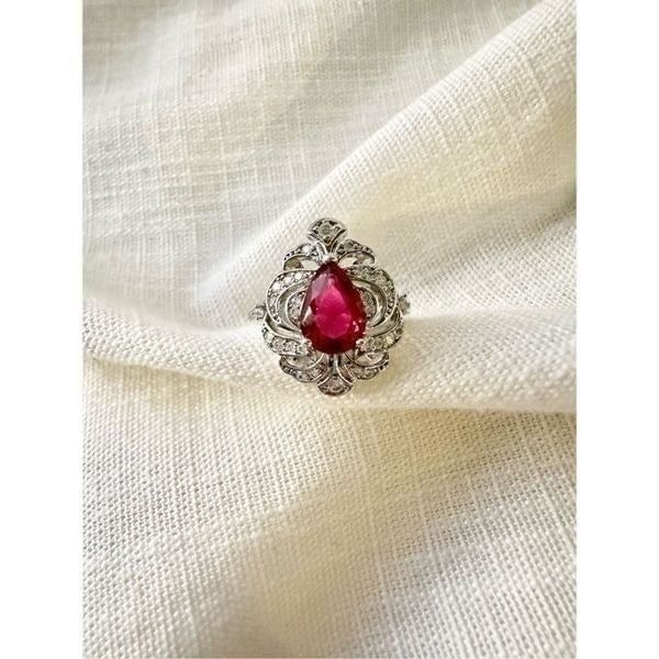 Intricate pink ruby pear cut cocktail ring size 8
