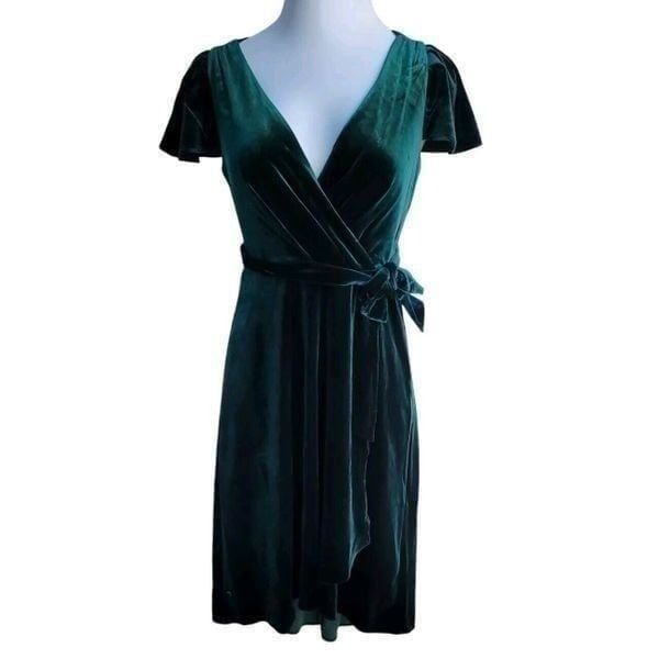 DKNY WOMEN'S HUNTER GREEN VELVET MIDI DRESS, V NECK TIE WAIST SIZE 2