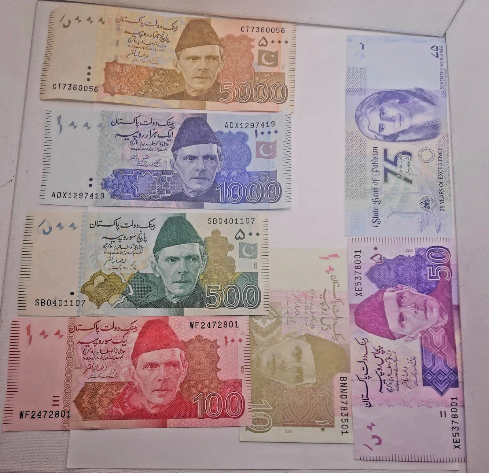 Pakistan currency bills set each of 5000, 1000, 500, 100, 75, 50, 10