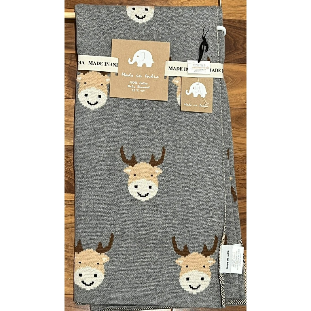 New Made In India Baby Throw Blanket Cotton Knit Gray Moose Christmas Theme