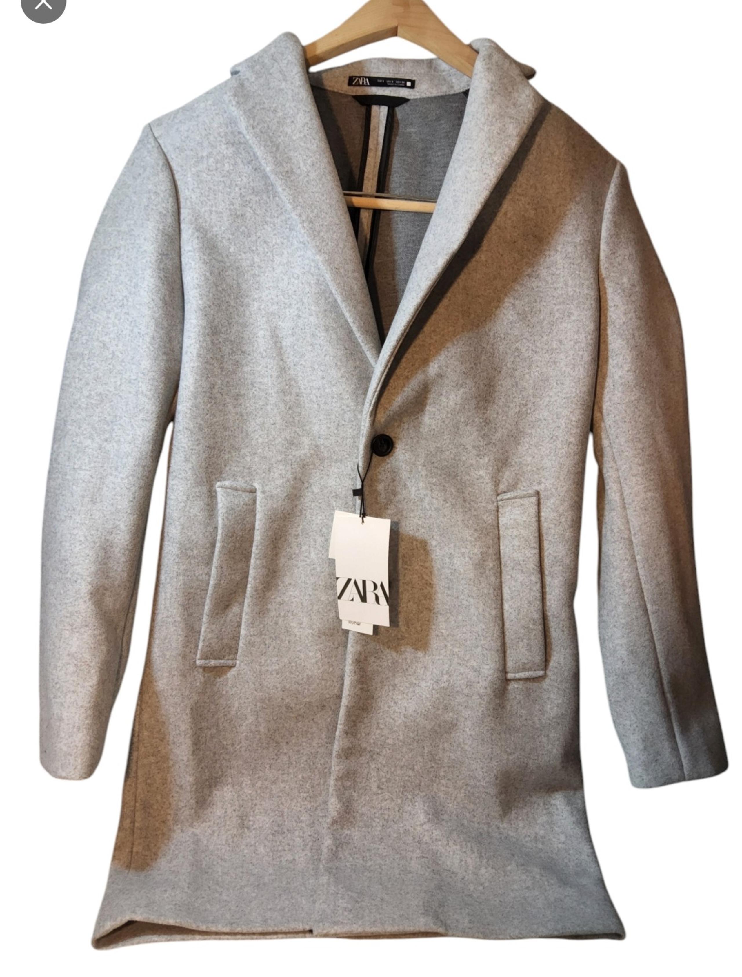 Zara Mens 4 Way Stretch Trench Coat Jacket Grey sz L-M Polyester Mid length  NWT