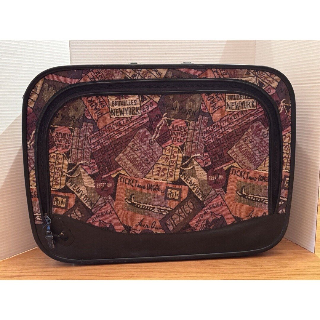 Vintage Soft Side 21” Overnight Travel Suitcase Carry On Ticket Print