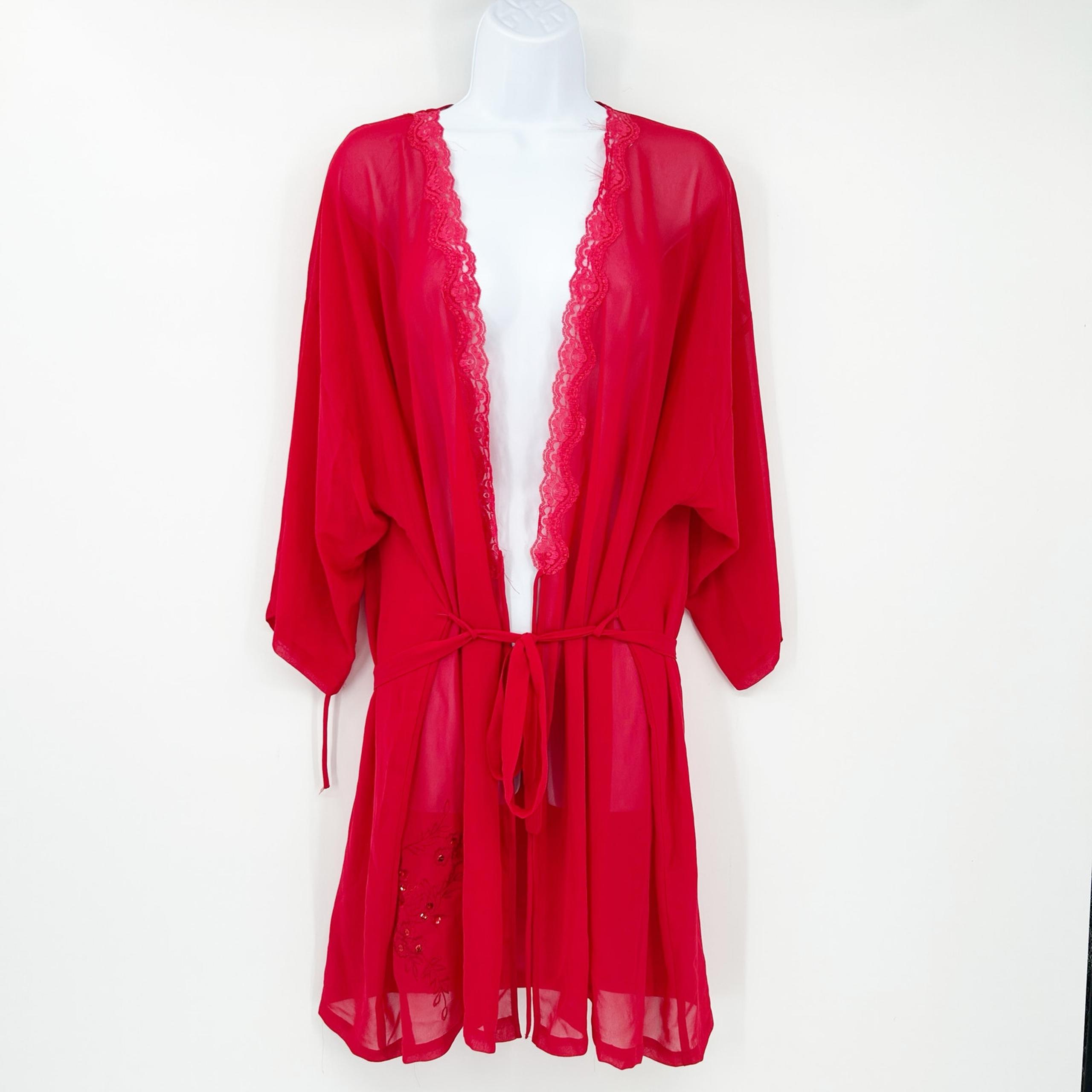 Secret Treasures Womens Vintage Y2K Romantic Sequin Lace Sheer Robe Size L Red