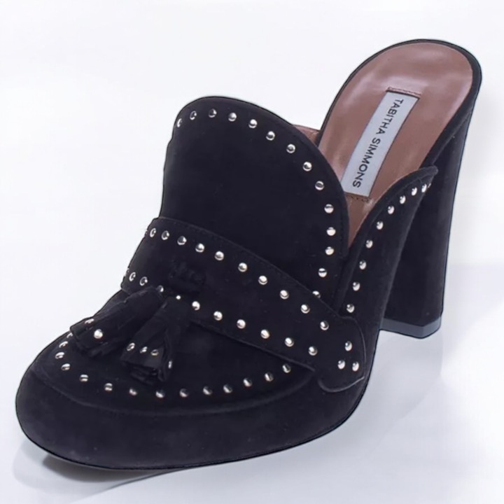 Tabitha Simmons Diana Suede Mules Black Studded High Heels Size 38.5 US 8 NEW