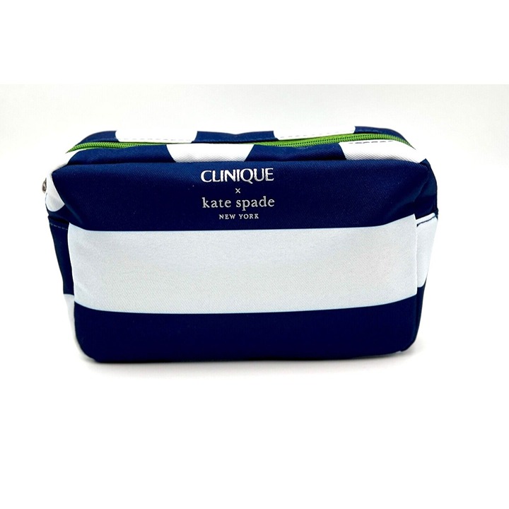 Clinique x Kate Spade White Navy Makeup Bag Zipper Pouch with Two-Side Look