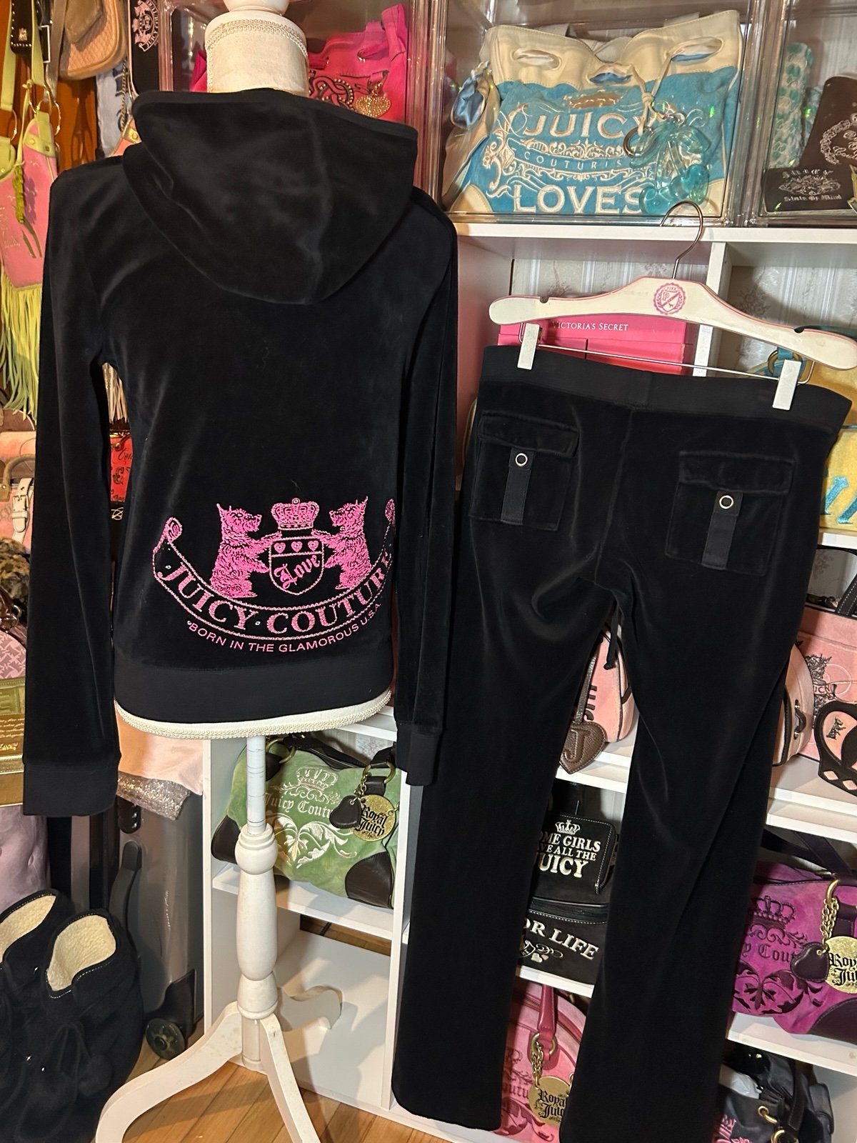 Y2K Vintage Juicy Couture Black Velour Tracksuit Pink Scottie Dogs Size S/L