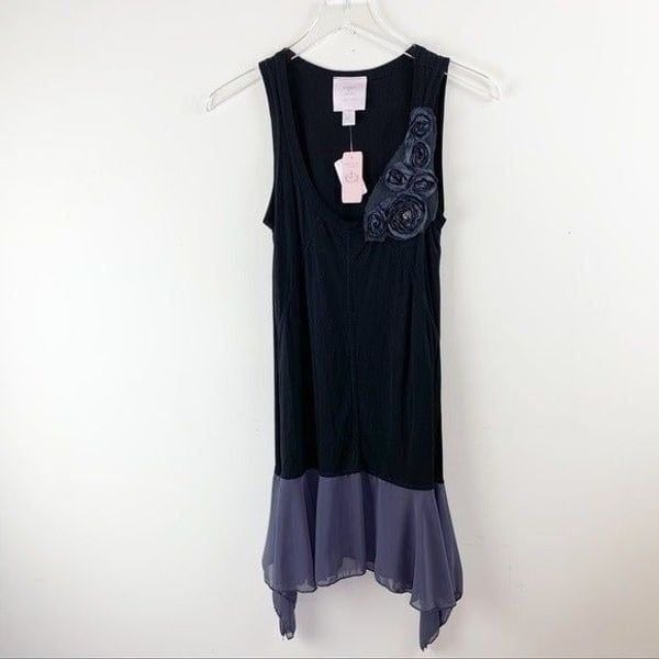 Romeo & Juliet Black Knit Tunic/Dress w/Floral Appliqué and Chiffon Hem NWT