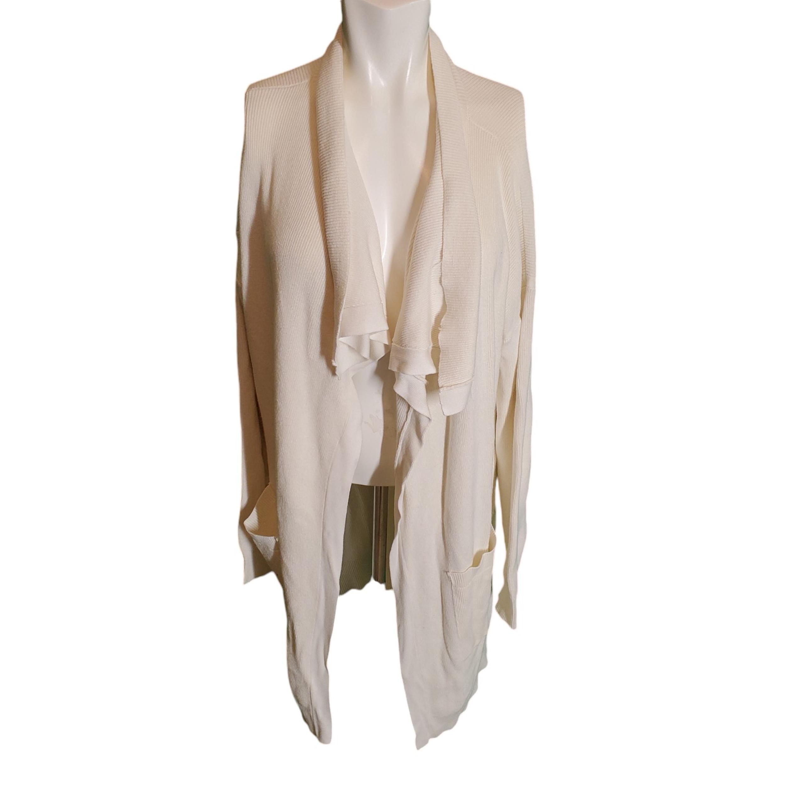 Guess Rib Knit Cardigan Open Front Shawl Collar Tunic Sweater Ivory Beige Sz XL