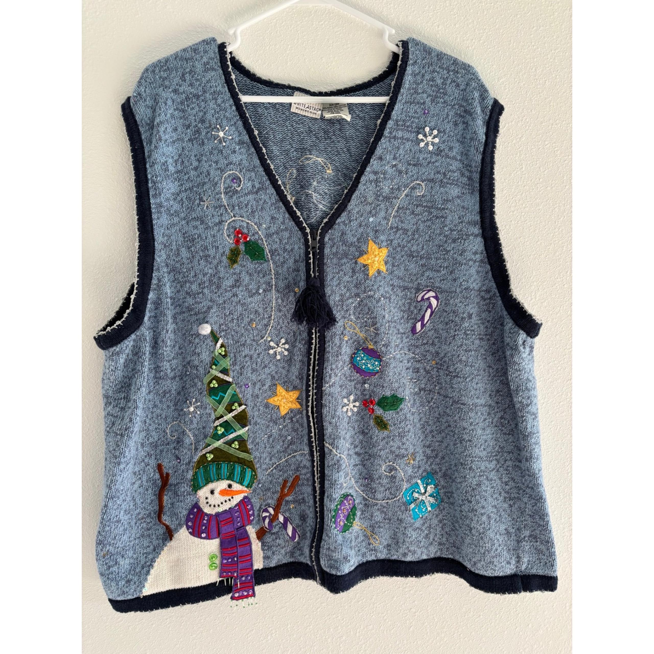 White Stag Christmas Vest Womens Size 26W Blue Holiday Snowman Festive Vintage