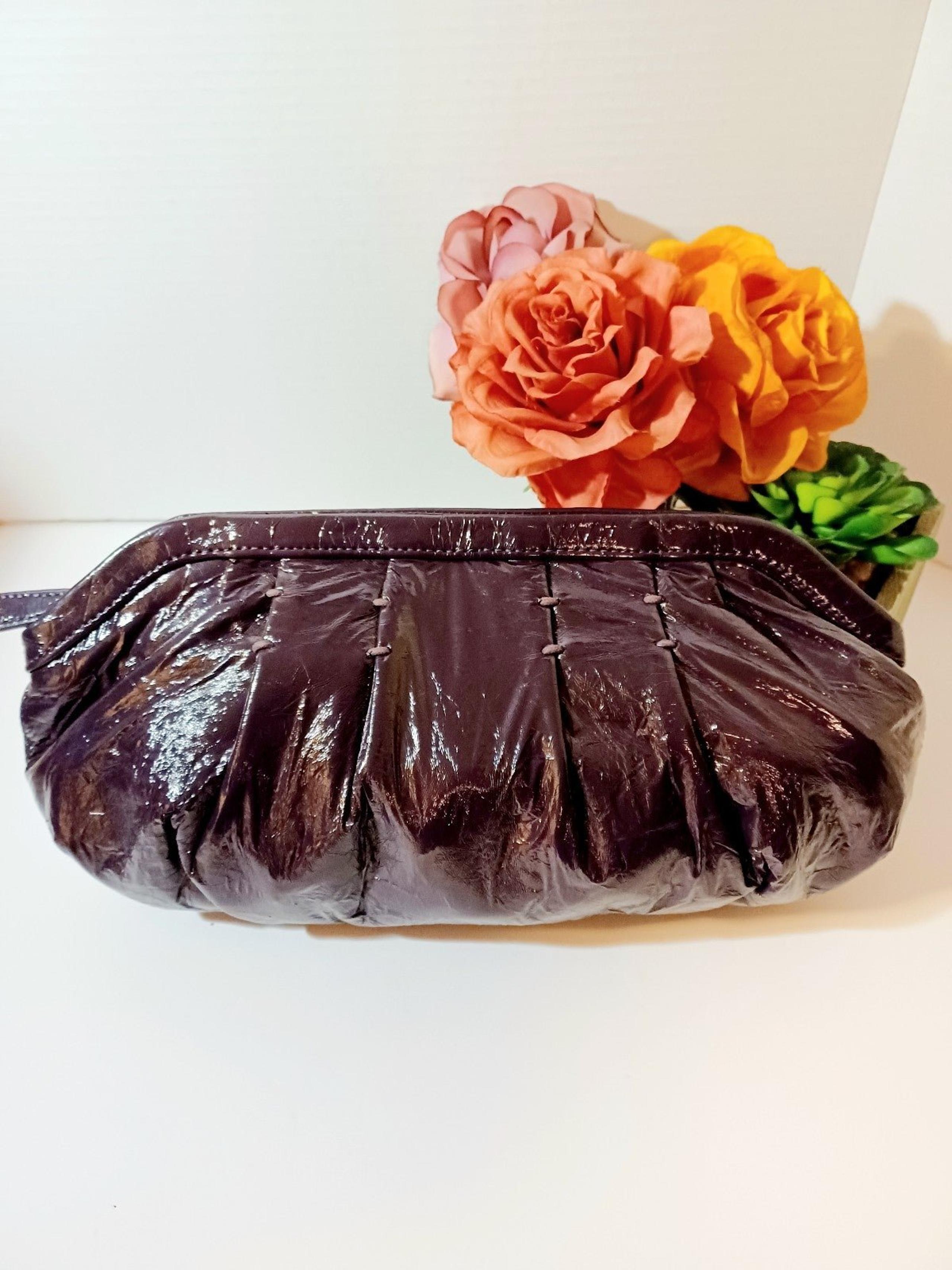 Gap Purple Crinkle Patent Clutch Purse Handbag Zip Close Gold Interior